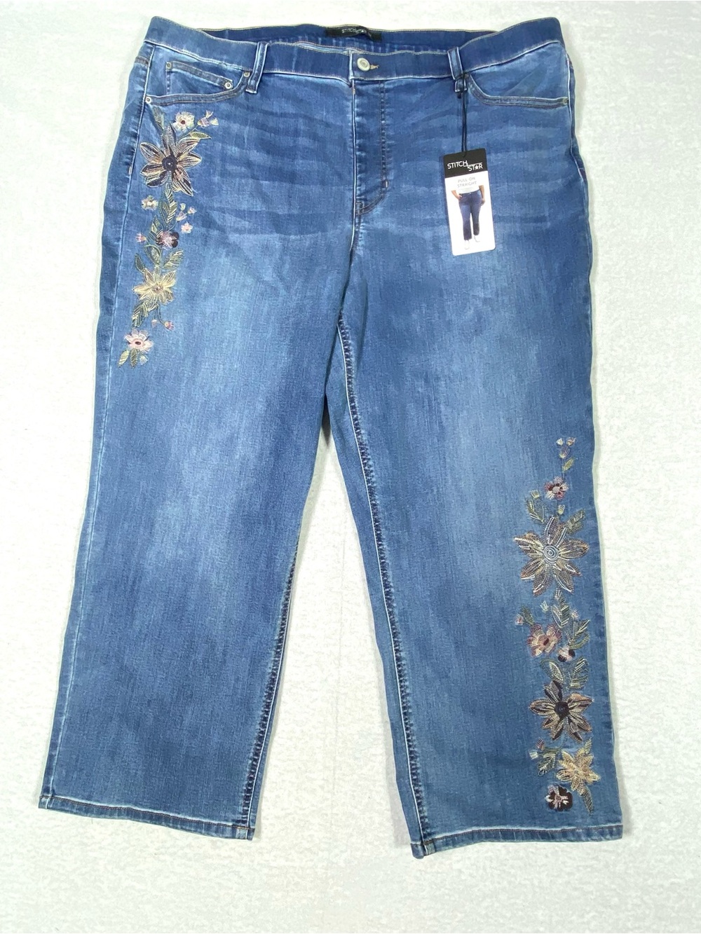 Stitch Star Pull On Jeans Women's 3X Floral Embroidered Straight Leg Ankle NWT